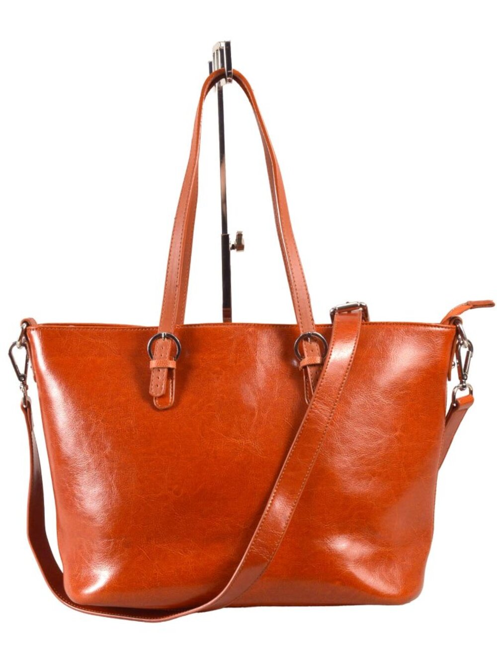 Heshe Large Leather Tote Bag Polished Cognac New Shoulder Straps